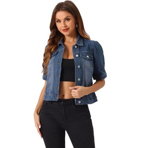 INSPIRE CHIC Women's Casual Short Puff Sleeves Button-Down Jean Denim Jacket - 1 of 4