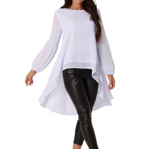 Seta T Women's Lantern Long Sleeve Round Neck High Low Irregular Hem Casual Blouse - 1 of 4