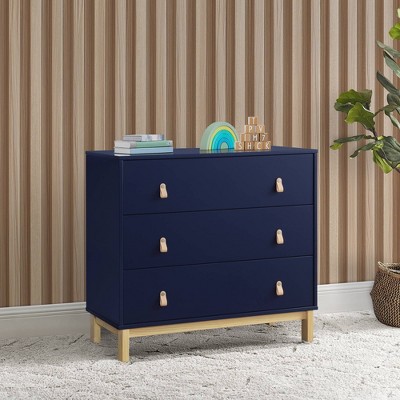 Navy and Natural Pine 3-Drawer Nursery Dresser with Leather Pulls