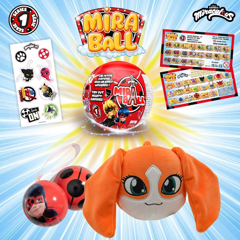 Miraculous Ladybug, 4-1 Surprise Miraball, Toys for Kids with Collectible Character Metal Ball, Kwami Plush, Glittery Stickers and White Ribbon, 3 of 10