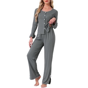 INSPIRE CHIC Womens Pajamas Long Sleeve Side Bow Button Down Ruffle Hem Top and Wide Leg Pant Sleepwear Set - 1 of 4
