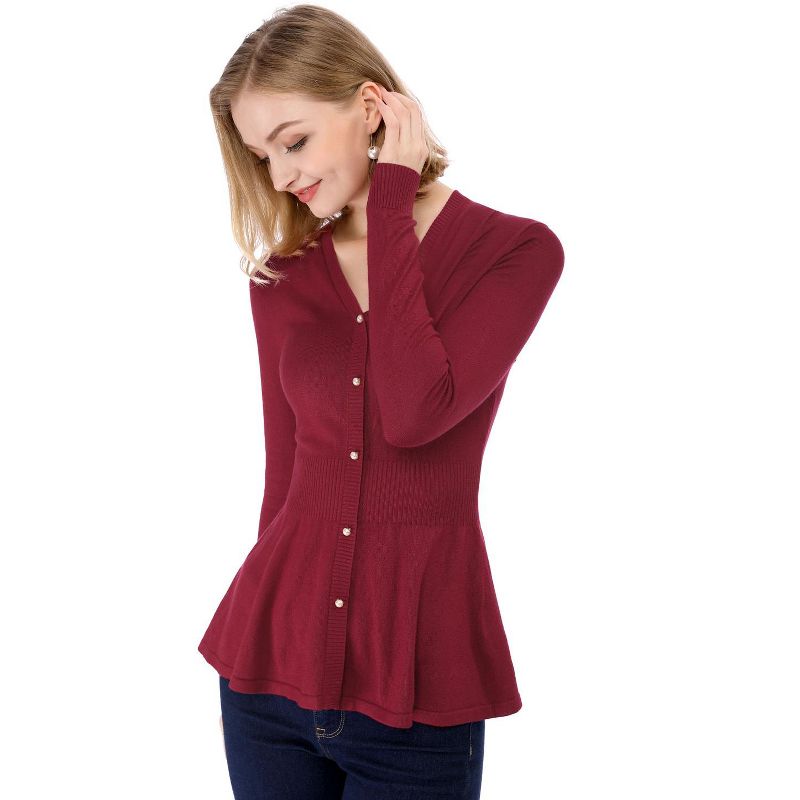 Allegra K Women's Slim Fit V-Neck Long Sleeve Ribbed Knitted Peplum Top, 3 of 8