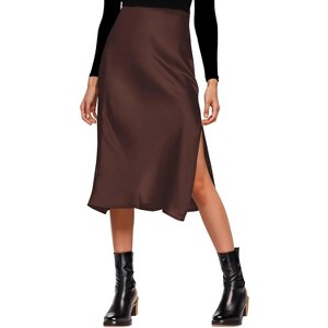 Women's Satin Midi Skirt - High Waist Slit Design with Comfortable Elastic Waistband Chocolate - 1 of 4