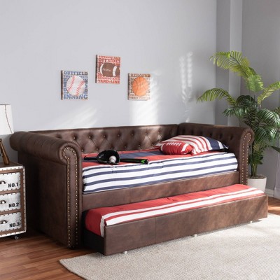 Mabelle Twin Brown Faux Leather Daybed with Trundle and Nailhead Trim