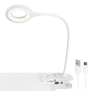 Insten LED Desk Lamp, Bright Table Lamp, Clip-On, Rechargeable, Flex Neck, Touch Control, 3 Brightness Levels, 240 Lumens, White - 1 of 4