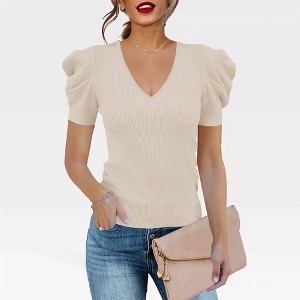 Women's Short Sleeve Knit Pullover Sweaters - Casual V Neck Ribbed Solid Soft Slim Fit Blouse Tops for Elegant Knitwear,Beige - XL - 1 of 4