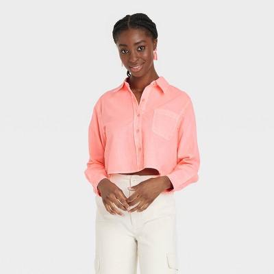 Women's Long Button-down Cropped Shirt - Universal Pink L Target