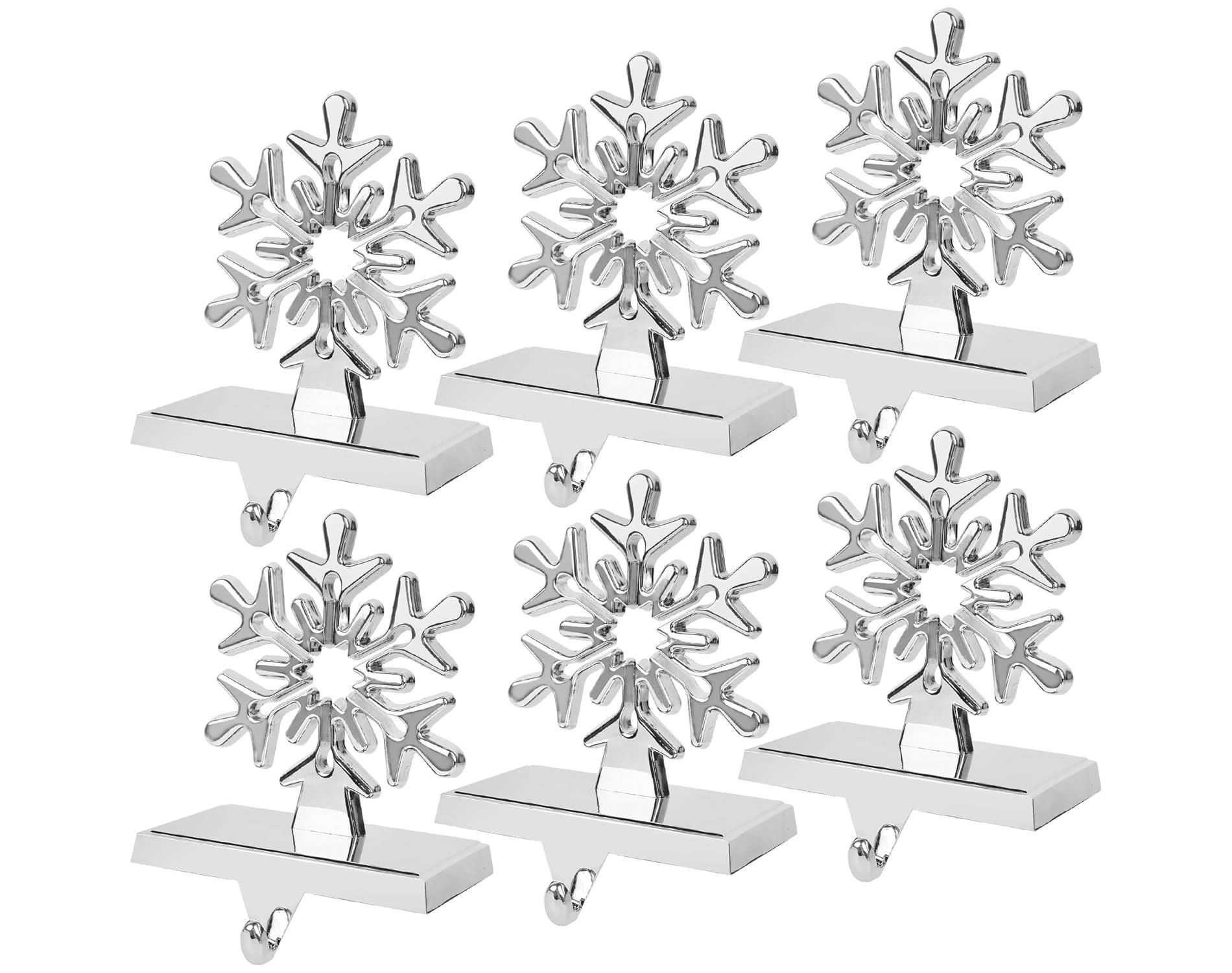 6 Pcs Christmas Snowflake Stocking Holder, Metal Christmas Stocking Hanger, 3D Sliver Stocking Hooks Non-Slip