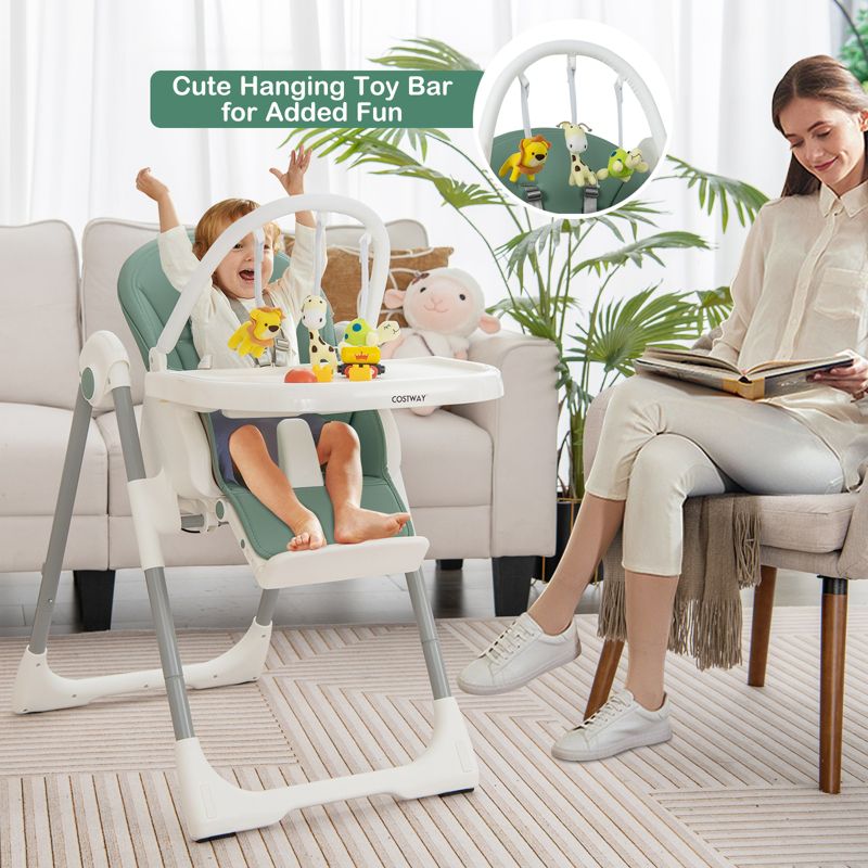 Infans Foldable Baby High Chair w/ 7 Adjustable Heights & Free Toys Bar for Fun Green, 3 of 11