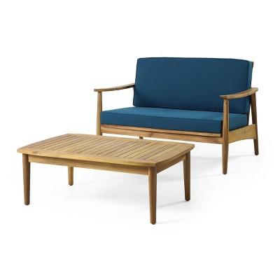 2pc Willowbrook Patio Acacia Wood Loveseat Set with Coffee Table: Outdoor Seating - Christopher Knight Home