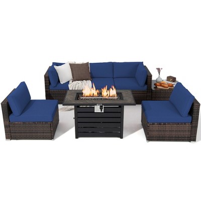 Tangkula 7PCS Patio Rattan Furniture Set 42" Fire Pit Table w/ Cover Cushioned