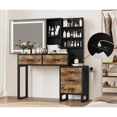 Makeup Vanity Mirror with Lights, Vanity Table and Chair Set with 5 Drawers and Charging Station, Dresser LED Sliding Mirror, Retro Black