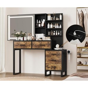 Makeup Vanity Mirror with Lights, Vanity Table and Chair Set with 5 Drawers and Charging Station, Dresser LED Sliding Mirror, Retro Black - 1 of 4