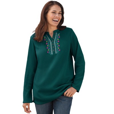 Woman Within Plus Size Embroidered Thermal Henley Tee
