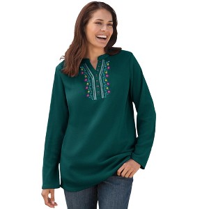 Woman Within Embroidered Thermal Henley Tee - 1 of 4