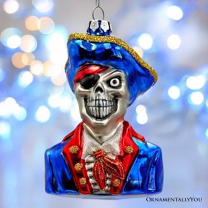 Fierce Pirate Skeleton Glass Ornament, Gothic Skull Ship Captain Decor - 1 of 4