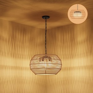 Rattan Farmhouse 5-Light Hand-Woven Pendant Chandelier with Fabric Shade Rustic Bohemian Hanging Light for Dining Room Kitchen Island - 1 of 4