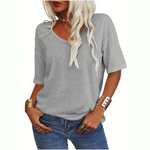 Imily Bela Women's Casual V Neck Half Sleeve Oversized T Shirt Solid Color Basic Top - 1 of 4