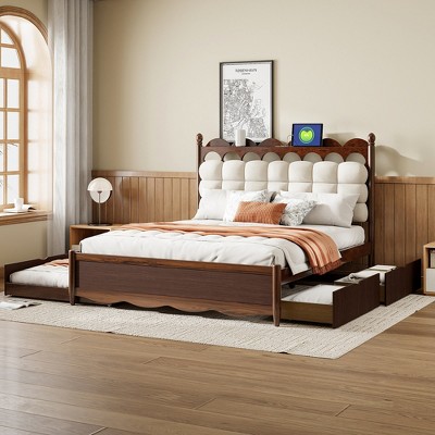 KIGFTSOD Queen Size Wooden Storage Platform Bed, with 2 Big Drawers, Twin-XL Size Trundle, One set of Sockets & USB Ports