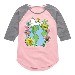 Girls' - Peanuts - Snoopy Woodstock Earth Stickers Shirt Tail Raglan Graphic T-shirt - 1 of 4