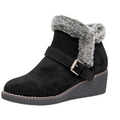 CUSHIONAIRE Women's Rhodes Faux Suede Winter Booties – Fur Boots for Women with Memory Foam, Comfy Boots with Faux Fur,Side Zipper, 2-Inch Wedge Heel