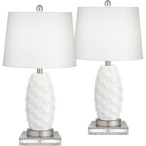 360 Lighting Modern Coastal Table Lamps 25.25" High Set of 2 LED with Square Risers USB Port Dimmer White Ceramic Drum Shade for Living Room - 1 of 4