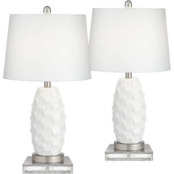 360 Lighting Modern Coastal Table Lamps 25.25" High Set of 2 LED with Square Risers USB Port Dimmer White Ceramic Drum Shade for Living Room