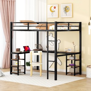 Bellemave Full Metal Loft Bed with L-Shaped Desk & Shelves, Space-Saving Loft Bed Frame with Ladder & Full Guardrails for Bedroom, Black/Vintage Wood - 1 of 4