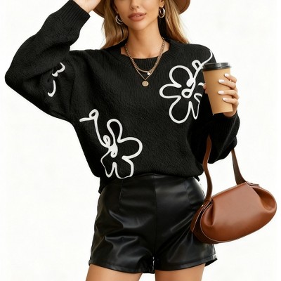 Women's Floral Jacquard Knit Sweater - Round Neck Long Sleeve Pullover Top (S-XL)