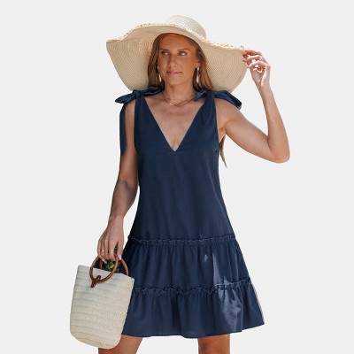 Women's Elegant Navy Tiered Sundress with Tie Shoulder Straps - Cupshe