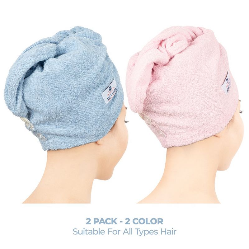American Soft Linen 100% Cotton Hair Drying Towels for Women, 2 Pack Head Towel Cap, Cotton Hair Turban Towel Wrap, 2 of 9
