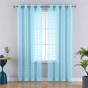 Dot Jacquard Sheer Voile Curtain for Girls’ Room, Pom Pom Linen-Textured Window Panel, Grommet Top, Blue, 52 x 84 Inch - 1 of 4