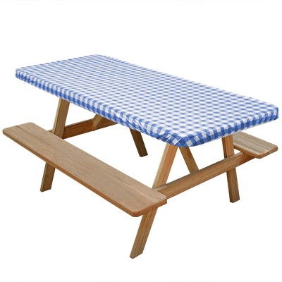 Blue and White Checkered Vinyl Fitted Tablecloth with Flannel Backing