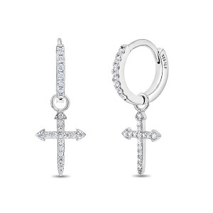 Girls' Dangle Cross Huggie Hoop Sterling Silver Earrings - In Season Jewelry - 1 of 4