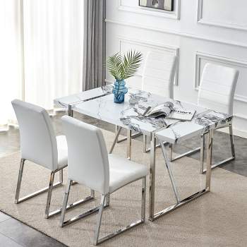 5 PCS Dining Table Set, Faux Marble Dining Table with 4 Faux Leather Chairs, White-ModernLuxe