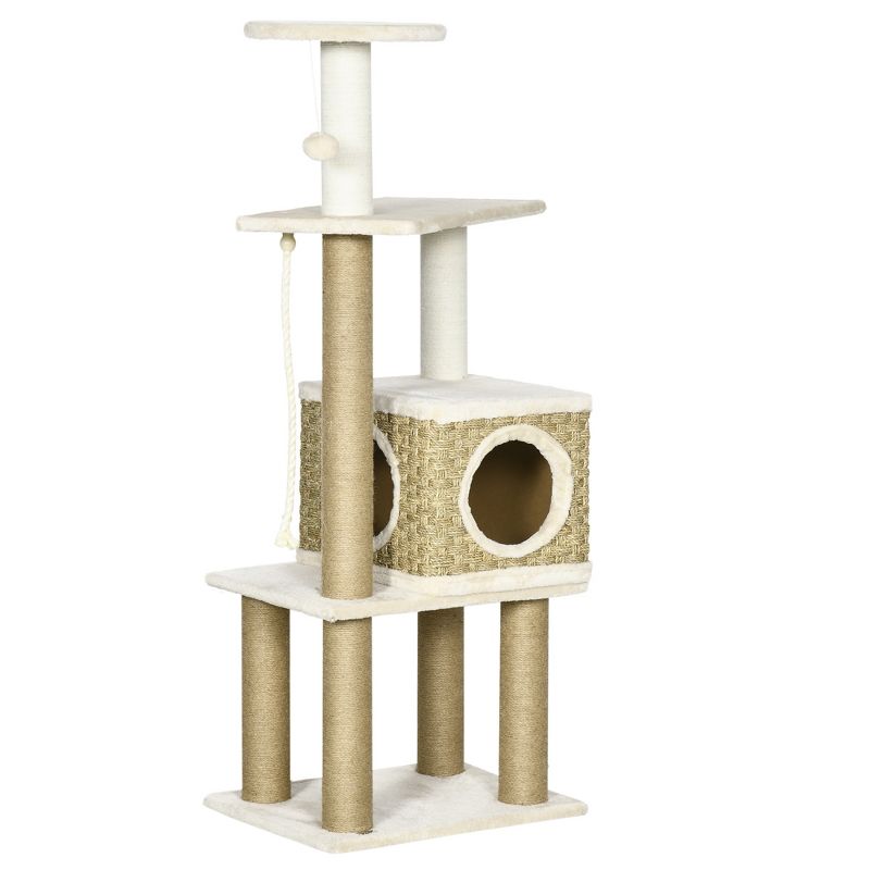 PawHut Modern Cat Tree with Scratching Posts and Rattan Cat House, Small Cat Tower for Indoor Cat Furniture, Beige, 1 of 7