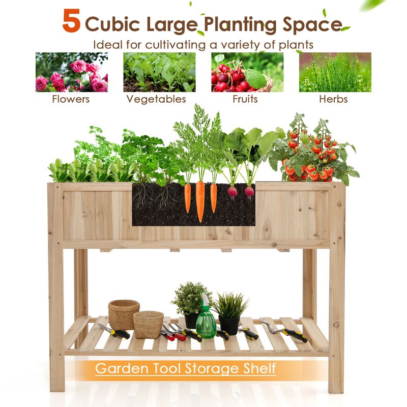 Tangkula 47x23x35in Raised Garden Bed with Shelf & Liner Elevated Wood Planter Box Outdoor Standing Planter Bed with Legs, 5 of 11