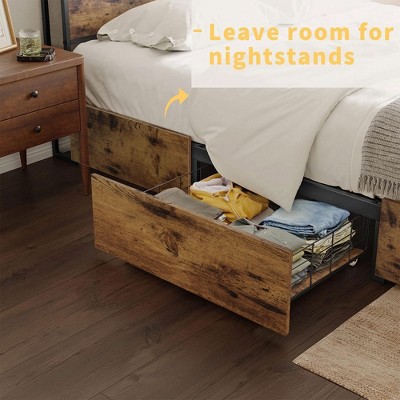 Rustic Brown Queen Metal Platform Bed Frame with Storage Drawers and LED Headboard