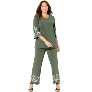 Catherines Women's Plus Size Anywear Embroidered Sleeve Top - 1 of 4