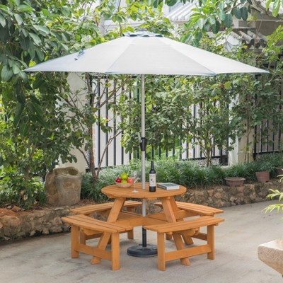 Stained Solid Wood Round Outdoor Picnic Table with Benches, 8 Person