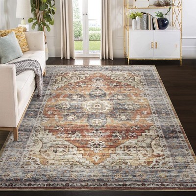 Vintage Persian Distressed Area Rug Washable Medallion Print Carpet, 9' x 12' Brown