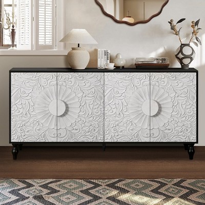 Sideboard Buffet, Wood Floor Cabinet With Carved Flower Door, Metal Handle, Freestanding Sideboard