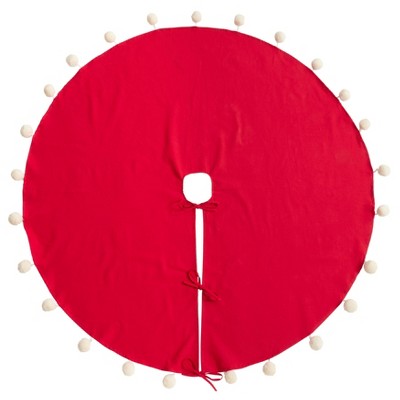 Red Cotton Christmas Tree Skirt with Pom Pom Design