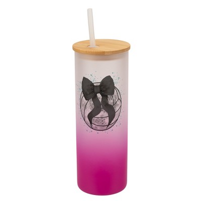 Elanze Designs 25 Ounce Frosted Glass Gradient Travel Tumbler With Straw and Wooden Lid, Volleyball Teal Paint Splatter Pink