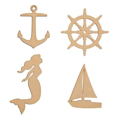 Genie Crafts 24 Pieces Unfinished Nautical Wood Cutouts for Crafts, Wooden Sailboat, Mermaid, Anchor, Ship Wheel for DIY Projects
