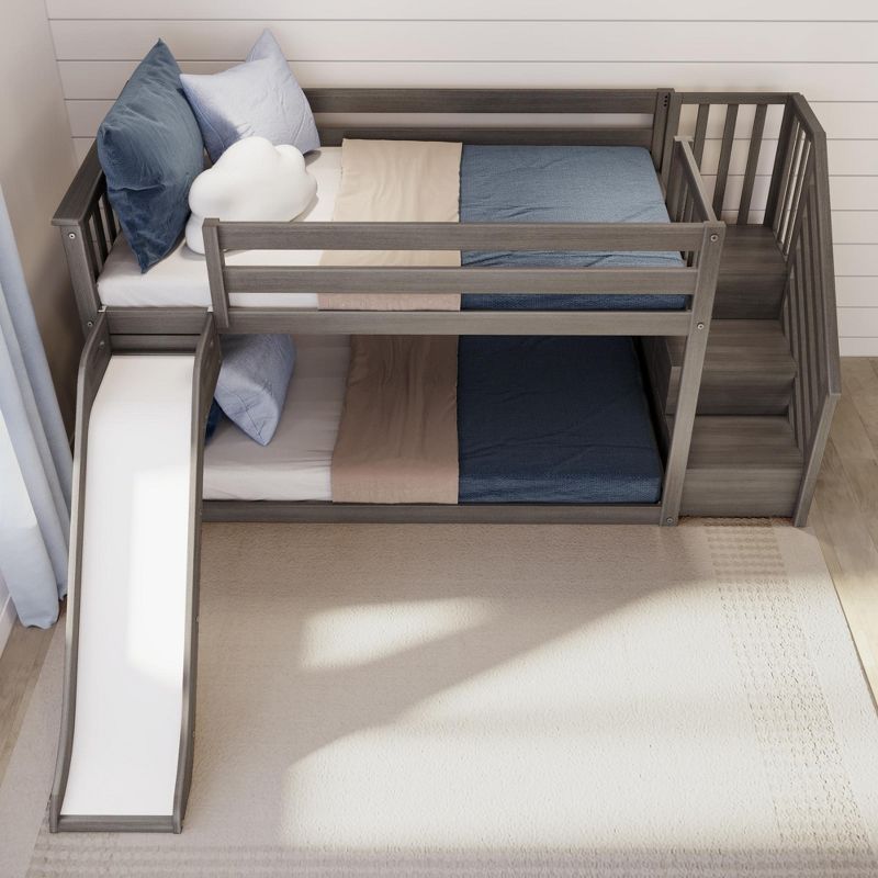 Max & Lily Twin Over Twin Low Bunk Bed with Slide and Stairs, Solid Wood Kids Platform Bed with 14” Guardrails, 5 of 8
