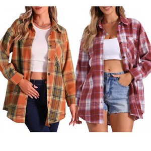 INSPIRE CHIC Women's Vintage Plaid Flannel Long Sleeve Button Down Collar With Pocket Casual Shirts 2 Packs - 1 of 4