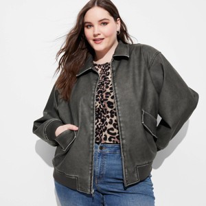 Women's Faux Leather Bomber Jacket - Wild Fable™ Black - 1 of 3