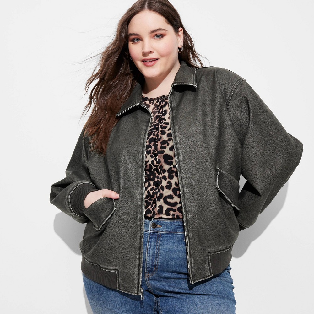 Women's Faux Leather Bomber Jacket - Wild Fable™ Black 1X: Recycled Polyester, Rib Cuffs, Front Pockets