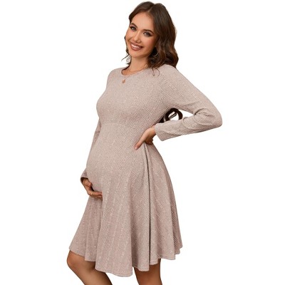 Coolmee Womens Maternity Dress Rib Knit Long Sleeve Pregnancy Midi Dresses Casual Crewneck Pregnant Sweater Dress